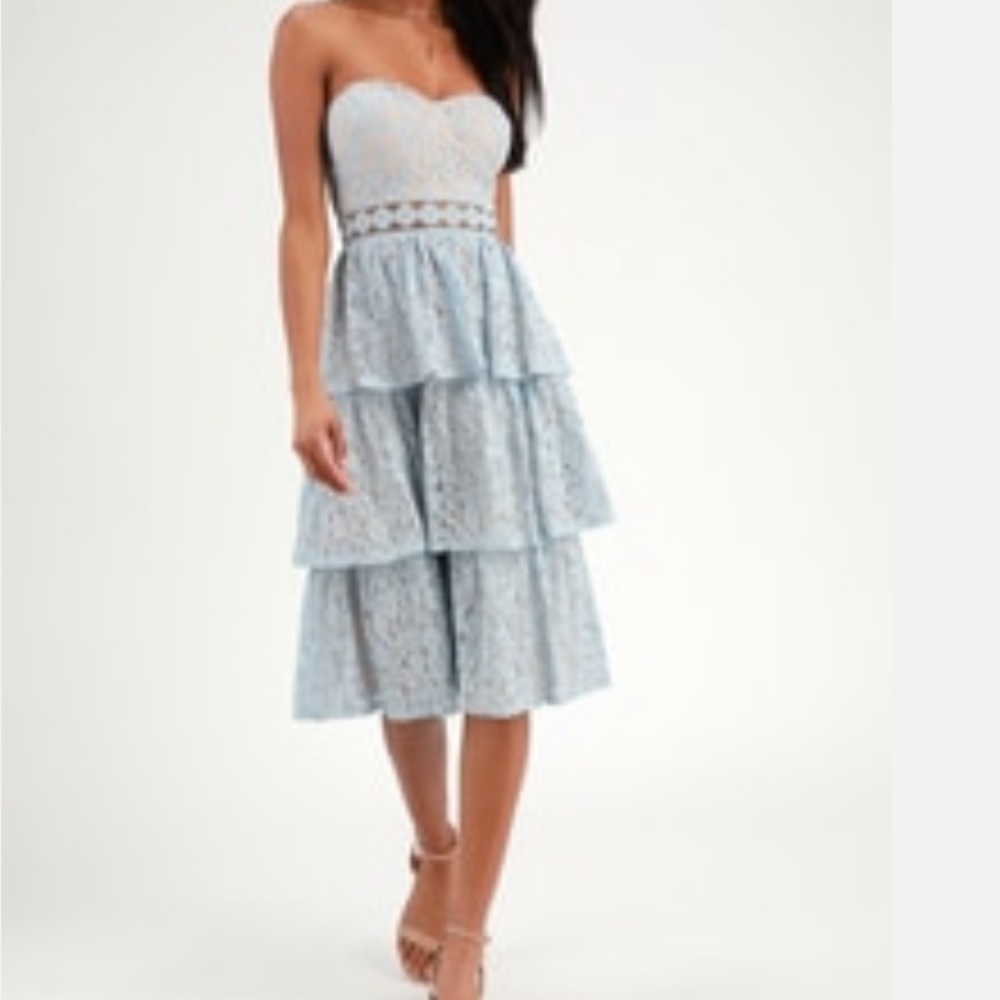 Strapless blue lace dress